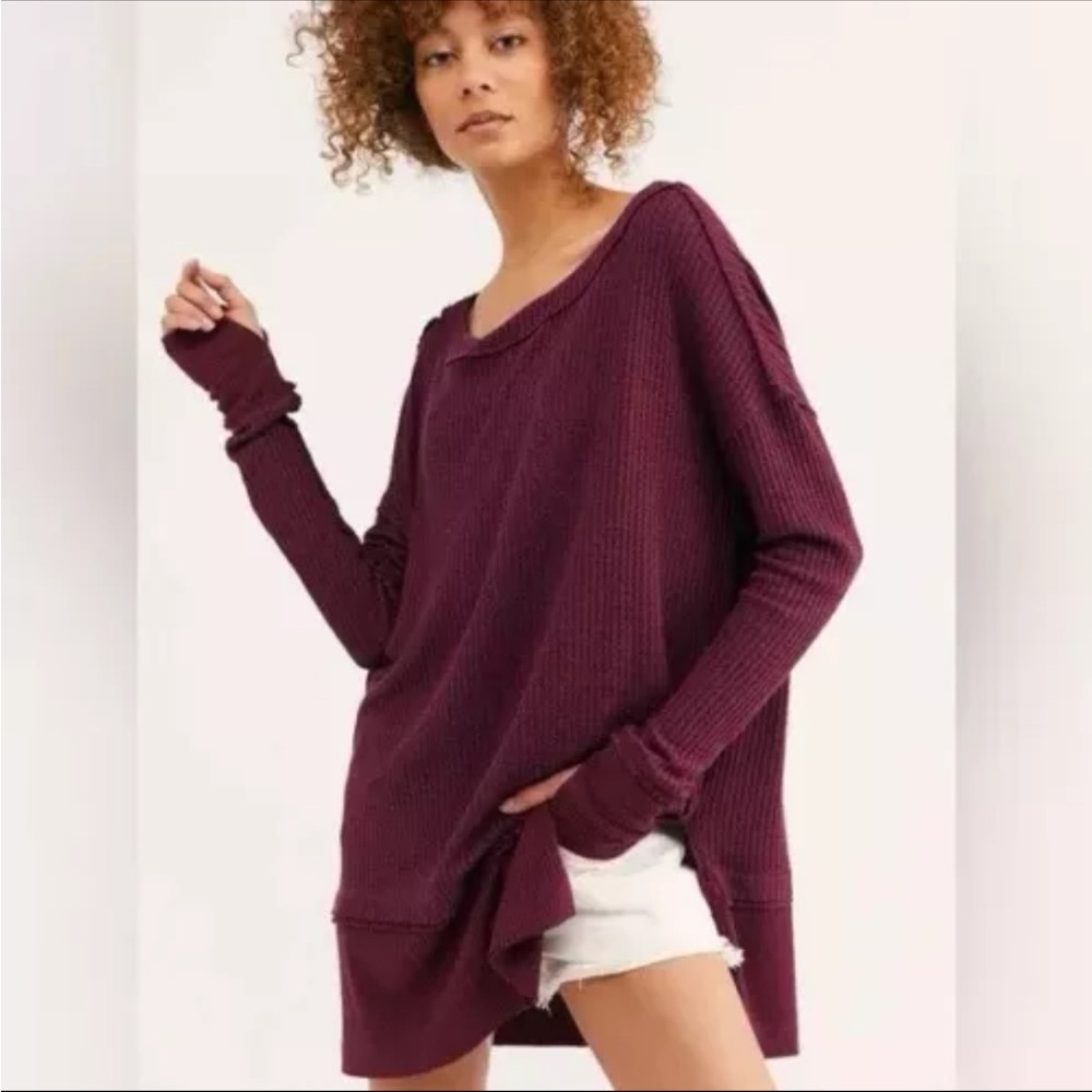 We The Free People Top North Shore Waffle Thermal Tunic M Burgundy Boho Slouchy